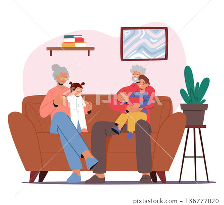 Happy Family Characters Grandparents And Children Spending Time Together At Home. Grandmother And Grandfather Playing Happy Family Characters Grandparents And Children Spending Time Together At Home. Grandmother And Grandfather Playing 136777020