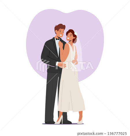 Happy Young Groom And Bride Posing And Hugging On Wedding Ceremony. Newlywed Man And Woman Getting Married Happy Young Groom And Bride Posing And Hugging On Wedding Ceremony. Newlywed Man And Woman Getting Married 136777025