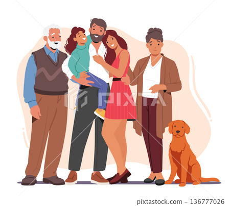 Big Happy Family Stand Together, Smiling And Laughing, Radiating Love And Togetherness, With A Sense Of Belonging 136777026