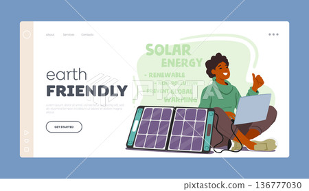 Earth Friendly Landing Page Template. Woman Character Uses Solar Energy To Power Laptop Outdoors, Vector Illustration Earth Friendly Landing Page Template. Woman Character Uses Solar Energy To Power Laptop Outdoors, Vector Illustration 136777030