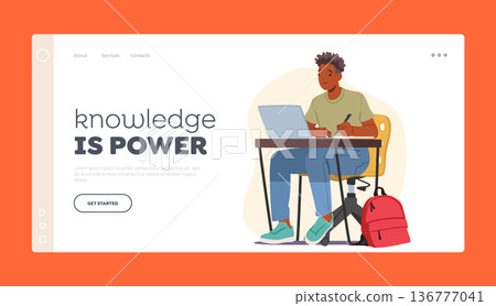 Knowledge is Power Landing Page Template. Male Student Character Sitting at Desk With Laptop Type in Notebook Knowledge is Power Landing Page Template. Male Student Character Sitting at Desk With Laptop Type in Notebook 136777041
