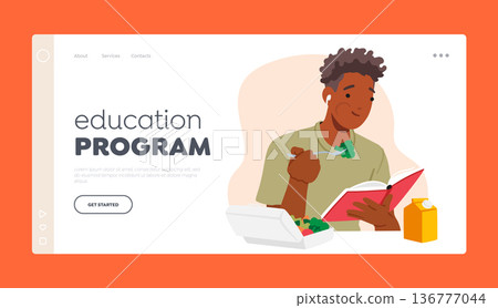 Education Program Landing Page Template. Student Male Character Seated At Table Eating Lunch with Book in Hands Education Program Landing Page Template. Student Male Character Seated At Table Eating Lunch with Book in Hands 136777044