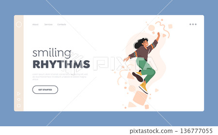 Smiling Rhythms Landing Page Template. Young Female Character Frozen Mid-movement, Capturing The Beauty And Grace 136777055