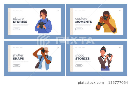 Characters Capturing Moments With Photo Cameras Landing Page Template Set. People Holding And Adjusting Settings Characters Capturing Moments With Photo Cameras Landing Page Template Set. People Holding And Adjusting Settings 136777064