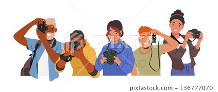 Characters Capturing Moments With Photo Cameras. Holding And Adjusting Settings, Framing Shots, And Capturing Images 136777070