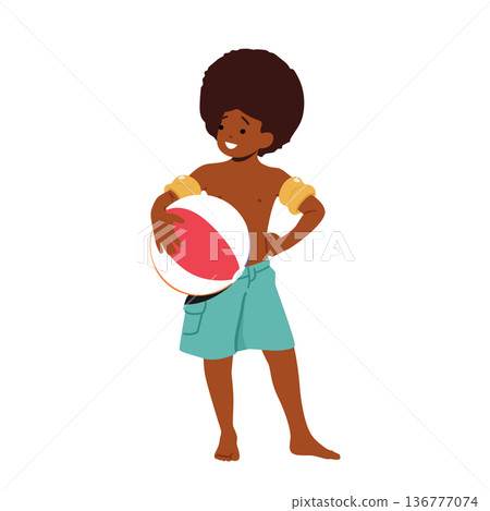Little Black Boy Holding Colorful BeacH Ball Isolated on White Background. Young Black Child With Round Inflatable Toy 136777074