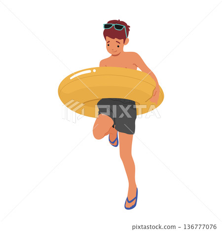 Little Boy Stand with Inflatable Ring, Happy child Grinning Widely, his Arms Are Wrapped Tightly Around The Yellow Float 136777076