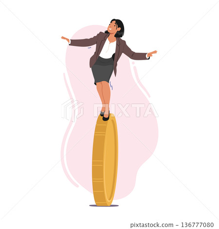 Female Character Balancing Precariously On Coin. Financial Instability And Insecurity, Risk, Importance Of Planning Female Character Balancing Precariously On Coin. Financial Instability And Insecurity, Risk, Importance Of Planning 136777080