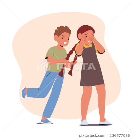 Playful Boy Teasing Girl By Pulling Her Pigtails, Causing Her To React With A Mix Of Annoyance And Amusement Playful Boy Teasing Girl By Pulling Her Pigtails, Causing Her To React With A Mix Of Annoyance And Amusement 136777086