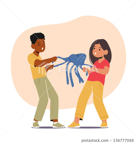 Boy And Girl Characters Tug Toy, Unable To Share. Frustration Evident, Both Holding Tight, Unwilling To Compromise 136777088