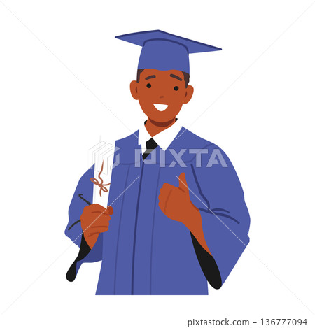 Happy Boy Student Character Beaming With Pride, Hold His Graduation Certificate As He Celebrates Academic Achievement 136777094
