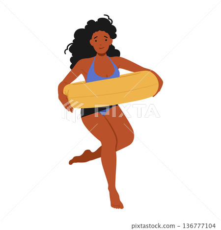 Joyful Female Character with Inflatable Ring, Leaping Energetically In A Vibrant Swimsuit Exuding Happiness Joyful Female Character with Inflatable Ring, Leaping Energetically In A Vibrant Swimsuit Exuding Happiness 136777104