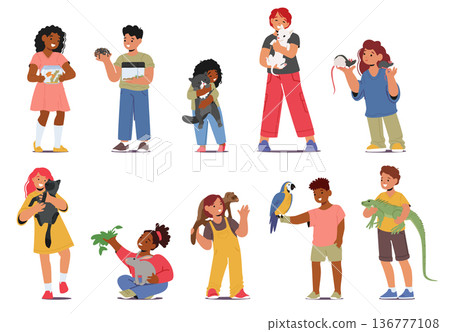 Joyful Children Characters Bonding With Their Beloved Pets Experiencing The Unconditional Love, Vector Illustration Joyful Children Characters Bonding With Their Beloved Pets Experiencing The Unconditional Love, Vector Illustration 136777108