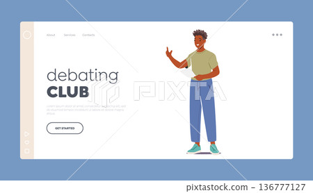 Debating Club Landing Page Template. Student Male Character Standing With Sheet of Paper In Hand Reading or Makes Report 136777127