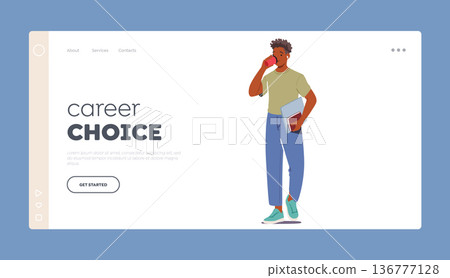 Career Choice Landing Page Template. Student Male Character with Book and Laptop in Hands Drinking Coffee during Break Career Choice Landing Page Template. Student Male Character with Book and Laptop in Hands Drinking Coffee during Break 136777128