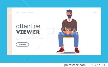 Attentive Viewer Landing Page Template. Middle-aged Businessman Male Character Sitting On Chair With Hands on Lap 136777131