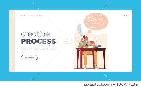 Creative Process Landing Page Template. Female Character Writer Or Poet Sitting At Desk With Inkwell, Feather Pen Creative Process Landing Page Template. Female Character Writer Or Poet Sitting At Desk With Inkwell, Feather Pen 136777139