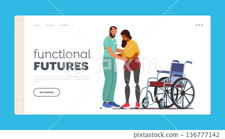 Functional Futures Landing Page Template. Young Woman Character Undergo Rehabilitation After Receiving Prosthetic Legs 136777142