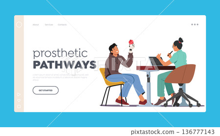 Prosthetic Pathways Landing Page Template. Young Man Character with Hand Prosthesis in Rehabilitation Center 136777143