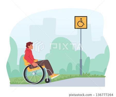 Male Character In Wheelchair Ascending A Ramp On Street, Overcoming Architectural Barriers Vector Illustration 136777264