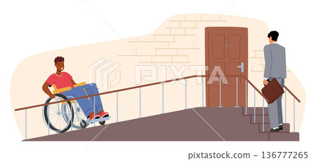 Male Character on Wheelchair Using A Ramp To Access Building Porch . Accessibility And Inclusivity Concept 136777265