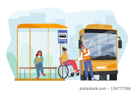Female Character on Wheelchair Use Ramp To Access Bus. Accessibility And Inclusivity And Concept for Public Transport 136777266
