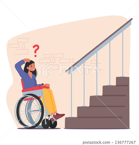 Female Character On Wheelchair Trying To Access Building Porch Without Ramp. Accessibility And Inclusivity 136777267