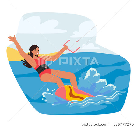 Female Character Kite Surfing. Woman Using Kite To Harness The Wind, Glides Over The Waves, Performing Tricks And Jumps 136777270