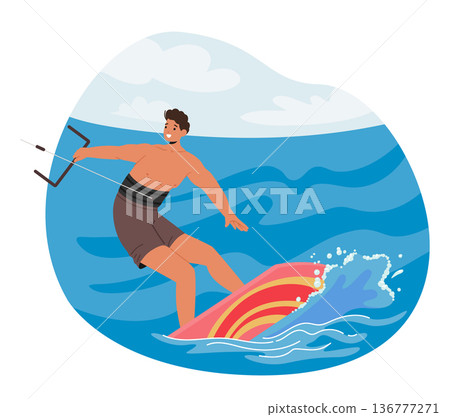 Sportsman Character Kite Surfing On Ocean Waves, Skillfully Riding The Wind And Performing Acrobatic Maneuvers Sportsman Character Kite Surfing On Ocean Waves, Skillfully Riding The Wind And Performing Acrobatic Maneuvers 136777271