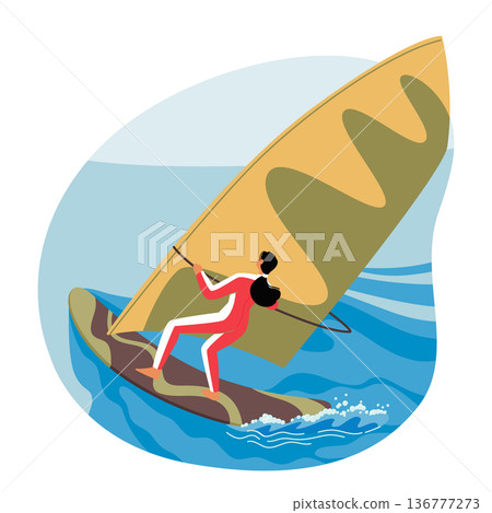 Female Enjoying Wind Surfing Thrill, Maneuver On A Board With A Sail Attached To A Mast, Using Skills And Balance Female Enjoying Wind Surfing Thrill, Maneuver On A Board With A Sail Attached To A Mast, Using Skills And Balance 136777273