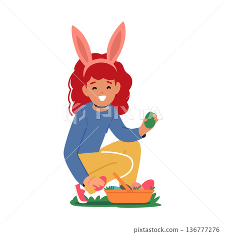 Girl With Rabbit Ears Happily Picking Colorful Easter Eggs From The Grass. Joyful Image Evokes Feelings Of Spring Girl With Rabbit Ears Happily Picking Colorful Easter Eggs From The Grass. Joyful Image Evokes Feelings Of Spring 136777276