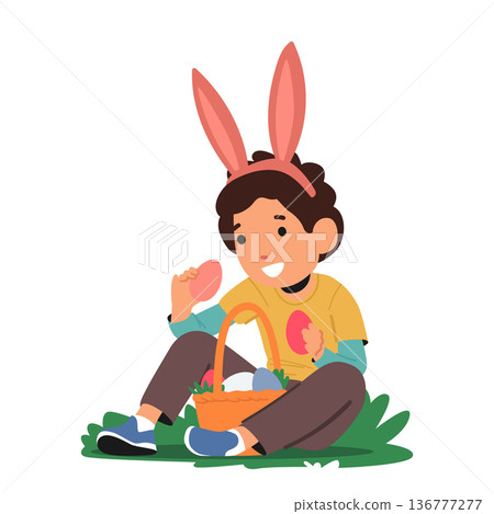 Little Boy Donning Rabbit Ears Picks Brightly Colored Easter Eggs From The Grass. The Joyous And Festive Image Little Boy Donning Rabbit Ears Picks Brightly Colored Easter Eggs From The Grass. The Joyous And Festive Image 136777277