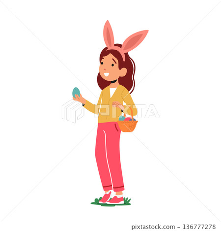 Cute Child Girl Character Wearing Bunny Ears Holds Easter Eggs In Hands With Playful Expression On Face 136777278