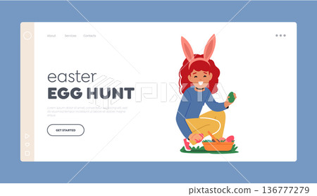 Easter Egg Hunt Landing Page Template. Girl With Rabbit Ears Happily Picking Colorful Easter Eggs From The Grass 136777279
