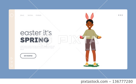 Spring Easter Landing Page Template. Child in Rabbit Ears Holds Colorful Easter Eggs In Hands. Spirit Of Easter Concept Spring Easter Landing Page Template. Child in Rabbit Ears Holds Colorful Easter Eggs In Hands. Spirit Of Easter Concept 136777280