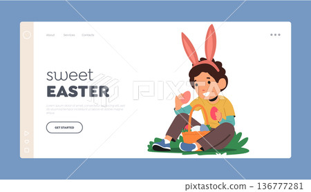 Sweet Easter Landing Page Template. Little Boy Donning Rabbit Ears Picks Brightly Colored Easter Eggs From The Grass 136777281