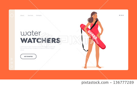 Water Watchers Landing Page Template. Experienced Female Lifeguard Character Ensuring Safety At The Pool Or Beach Water Watchers Landing Page Template. Experienced Female Lifeguard Character Ensuring Safety At The Pool Or Beach 136777289