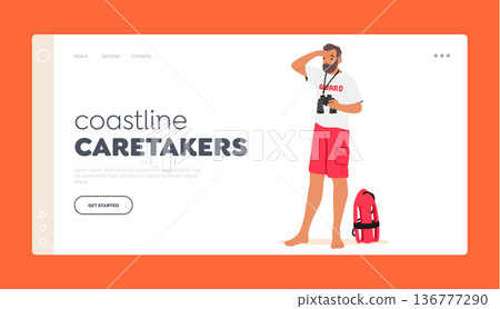 Coastline Caretakers Landing Page Template. Vigilant Lifeguard Male Character Scanning With Binoculars For Dangers 136777290