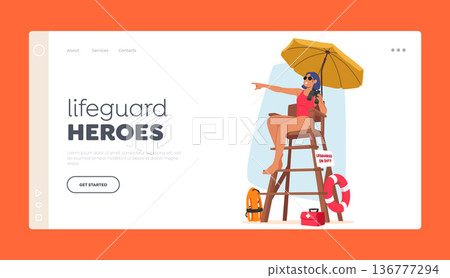 Lifeguard Heroes Landing Page Template. Woman On Tower Equipped With Binoculars, Ensure Safety on Beach or Pool Lifeguard Heroes Landing Page Template. Woman On Tower Equipped With Binoculars, Ensure Safety on Beach or Pool 136777294