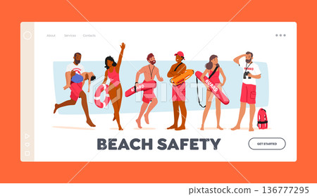 Beach Safety Landing Page Template. Lifeguard Characters Patrolling Sandy Shores, Ensuring Safety For Beachgoers 136777295