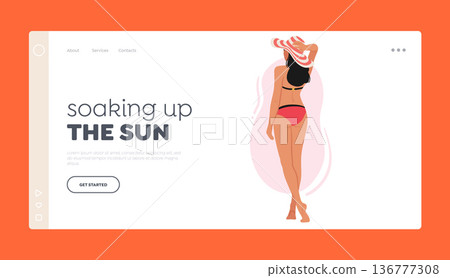 Sunbathe Landing Page Template. Rear View Of Woman Character In Swimsuit and Hat Standing On Beach, Vector Illustration 136777308
