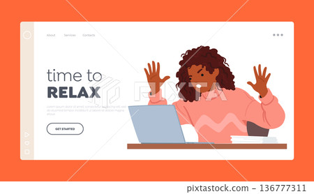 Time to Relax Landing Page Template. Frustrated Black Woman Character Expressing Anger While Using Her Laptop Time to Relax Landing Page Template. Frustrated Black Woman Character Expressing Anger While Using Her Laptop 136777311
