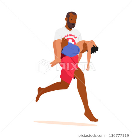Lifeguard African American Male Character Sprinting, Carrying Unconscious Boy in Arms, Rescuing On Beach Ensuring Safety Lifeguard African American Male Character Sprinting, Carrying Unconscious Boy in Arms, Rescuing On Beach Ensuring Safety 136777319