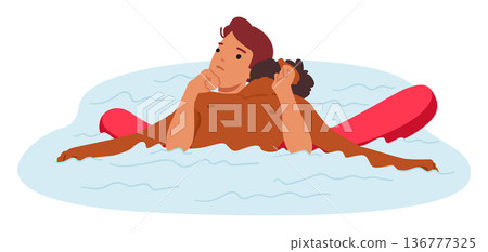 Lifeguard Male Character Trained In Water Safety Heroically Saves Drowning Man, Displaying Courage, Strength Lifeguard Male Character Trained In Water Safety Heroically Saves Drowning Man, Displaying Courage, Strength 136777325