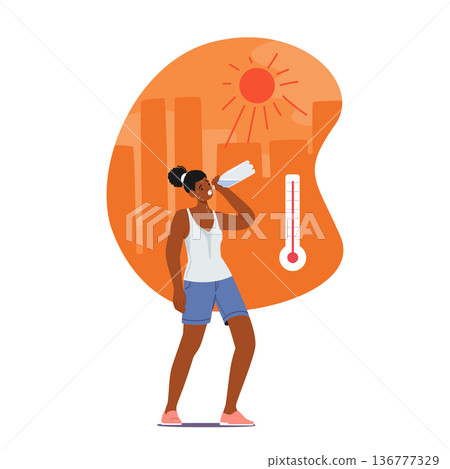 Woman Sweating And Flushed, Drinking Water, Seeking Relief From Heat Exhaustion. Female Character Suffer Heatstroke Woman Sweating And Flushed, Drinking Water, Seeking Relief From Heat Exhaustion. Female Character Suffer Heatstroke 136777329