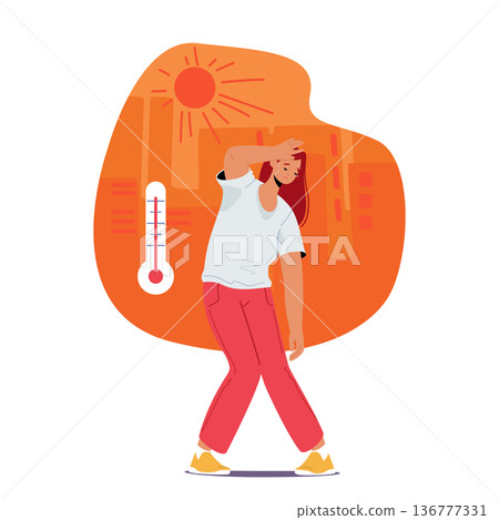 Woman Perspires, Wipes Forehead, Fans Herself, Appears Flushed And Uncomfortable. Faint Female Character Seeks Cooler 136777331