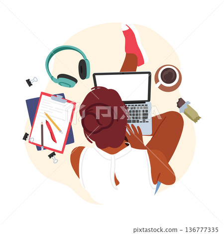Female Character Student or Freelancer Working or Studying on Laptop Top View. Young Woman Sitting with Notebook Female Character Student or Freelancer Working or Studying on Laptop Top View. Young Woman Sitting with Notebook 136777335