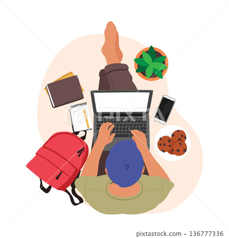 Young Male Character with Laptop Top View. Freelancer or Student Sitting on Floor with Notebook, Rucksack, Smartphone Young Male Character with Laptop Top View. Freelancer or Student Sitting on Floor with Notebook, Rucksack, Smartphone 136777336