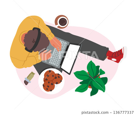 Male Character Wear Headphones Sitting with Laptop, Coffee, Muffins and Chocolate Top View. Freelancer, Gamer or Student 136777337