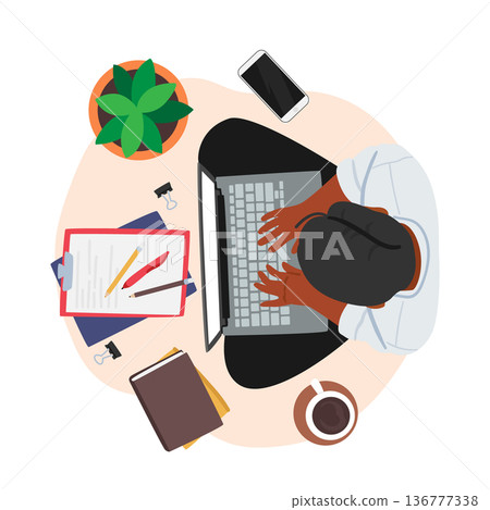 Male Character with Laptop, Coffee and Working Tools Top View. Freelancer, Worker or Student Sitting on Floor 136777338